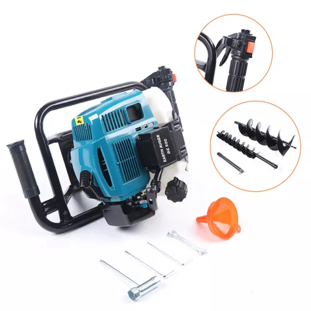 Earth Auger Fence Post Hole Borer Ground Drill 52cc Petrol Spiral Digger 2 Bits