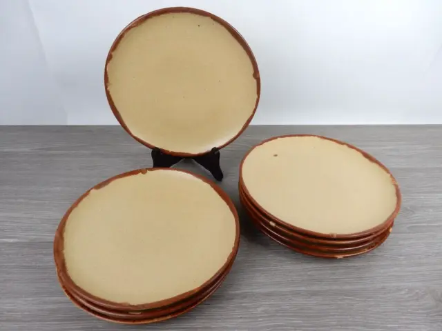 Lot de 8 Assiettes Vintage en Grès - Diamètre 23,5 cm - Marron avec Liseré