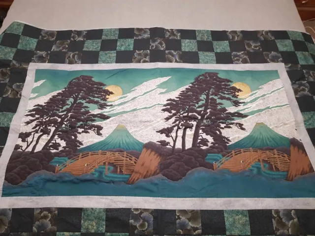 Beautiful Handmade Quilt, Oriental Japanese Design, Patchwork ,Fabric, Trees. GC