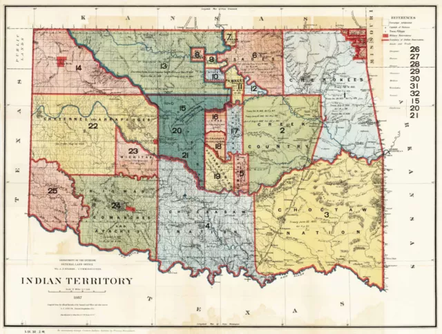 1887 Map of Native American Indian Territory and Tribes Oklahoma Wall Poster
