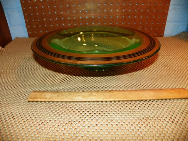 Vintage Rolled Edge Green Depression Glass Console Bowl w Gold Trim            +