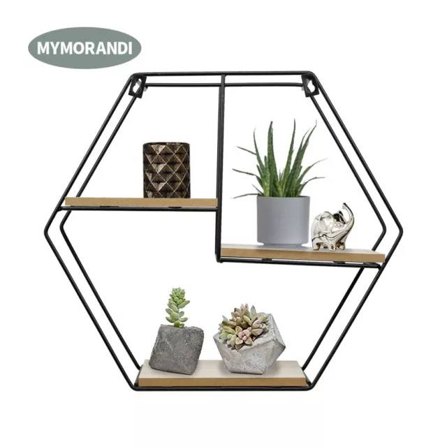 Black Metal Wood Wall Mounted Floating Shelf Wire Display Storage Rack hexagon