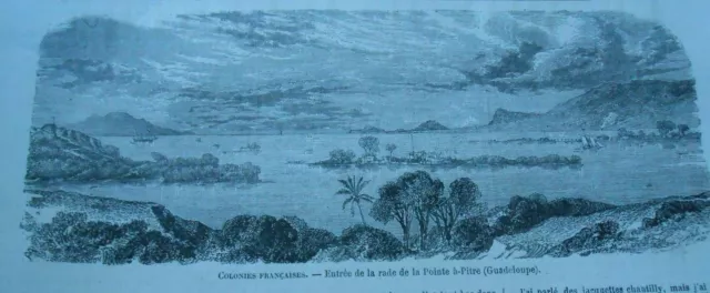 Gravure 1864 - Colonies Francaise Entrée rade de la Pointe à Pitre Guadeloupe