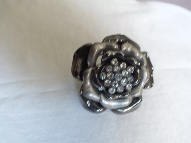 Silver & Black Tone Cocktail Ring Stretch Chunky Clear Rhinestones STUNNING