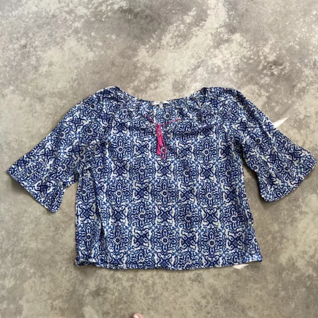 Milly Blouse Womens Size XL Blue Floral Tie Neck Flare Sleeve Lightweight Shirt