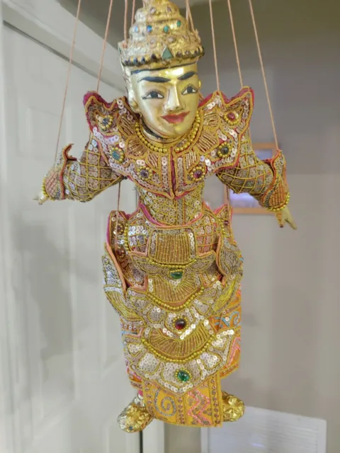 Burmese Asian Wooden Puppet Marionette Hand Painted Rare Elegant Finely Dressed
