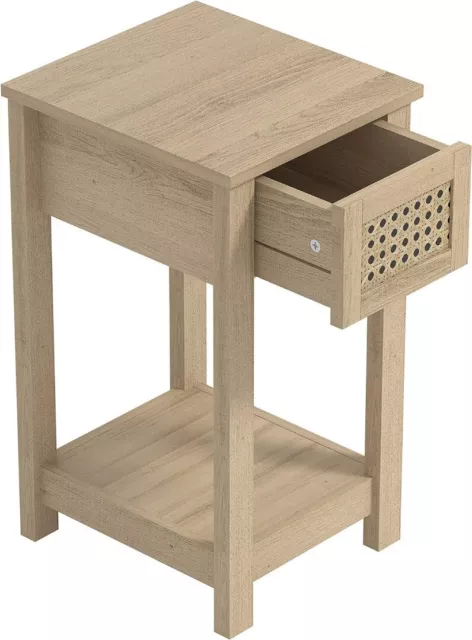 Bedside Table Slim End Table with Rattan Effect Drawer, Bedroom Storage Cabinet