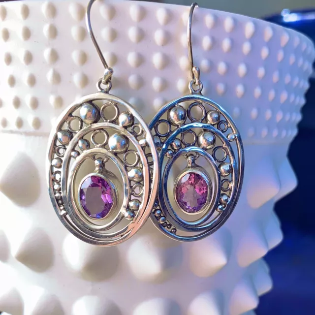 Round Amethyst Gemstone Sterling Silver Bali French Wire Hook Drop Earrings