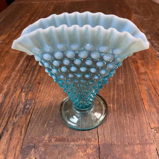 FENTON BLUE VASE Art Glass Opalescent Hobnail Fan Ruffled Edge