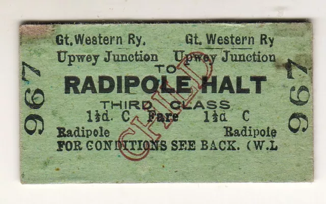 Railway  ticket GWR Upwey Junction - Radipole Halt 1956
