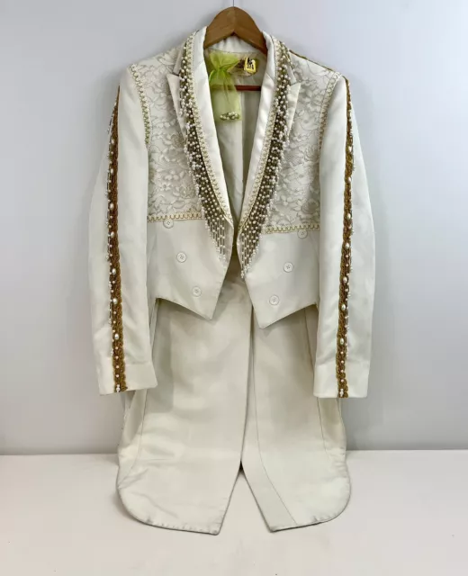 Vintage Beaded Circus Ivory Tailcoat Jacket Gold Trim Pearls