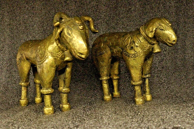 Antique Indian Ethnic Brass Pair Of Animal Figures Lamb Male Female Collectible
