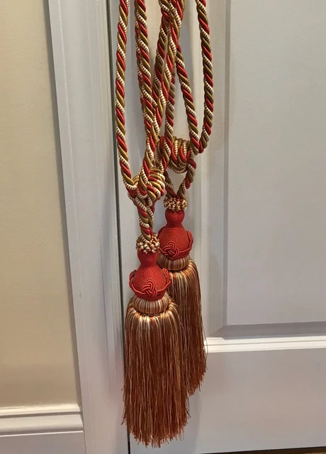 2 Vintage Gold & Burgundy Tassels Braided Rope Drapery Curtain Tie Backs 30”