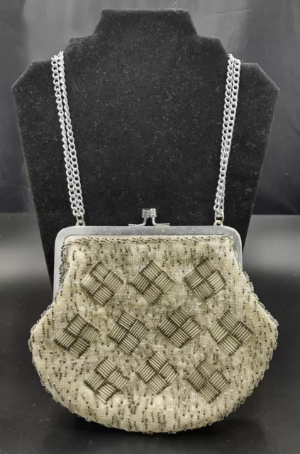 Vtg Beaded Evening Bag Purse Gray Silver Chain Strap Hand Made in Hong Kong