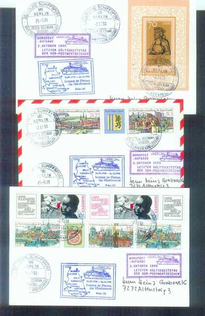 3 seltene Schiffspostkarten aus der DDR: von 1990, mit Route, gestempelt