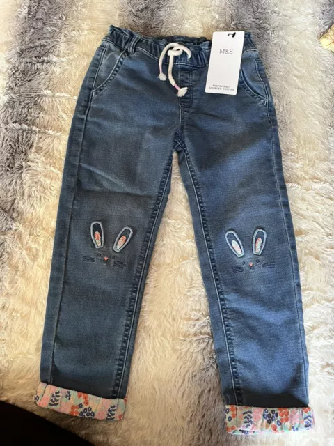 M&S girls denim jeans 3-4 years BNWT rabbit pattern on knees, Floral Turnups