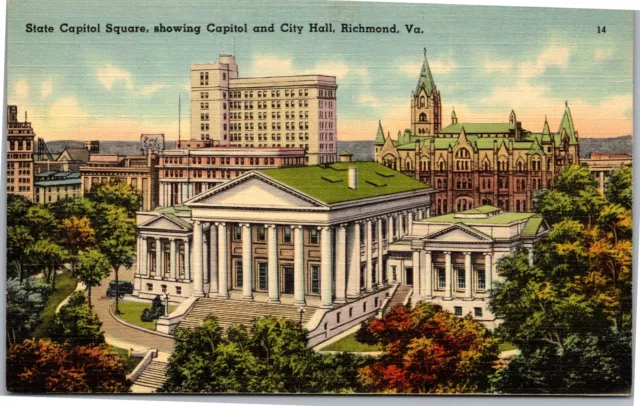 Postcard VA Richmond State Capitol Square showing Capitol and City Hall