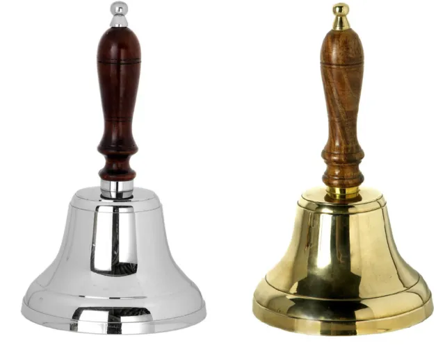 Large School Reception Bell Dinner Hand Bell Wooden Handle - Chrome or Brass