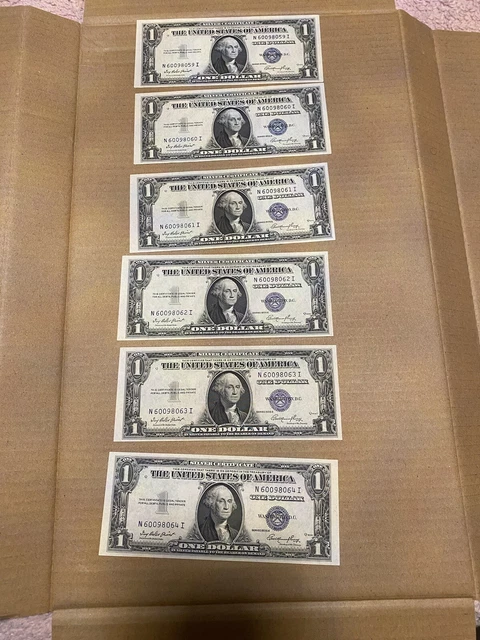 Consecutive 1957 One Dollar Blue Seal Note Silver Certificate lot of 6