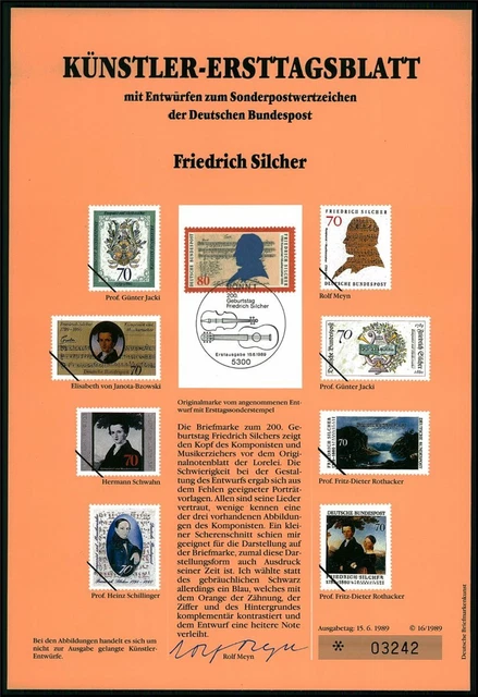Brd Künstler-Etb 1989/16 Musik Friedrich Silcher Komponist Entwürfe!!