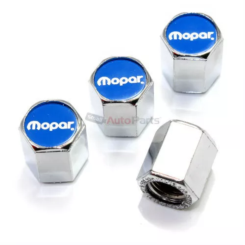 (4) Mopar Blue Logo Chrome ABS Tire/Wheel Stem Air Valve Car Truck Caps Covers