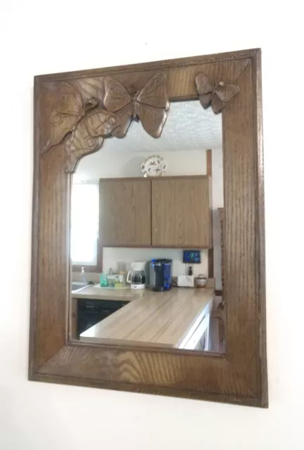 BEAUTIFUL BUTTERFLIES! 15" x 20" Carved Wooden Mirror 1979 VINTAGE Ms. C 2