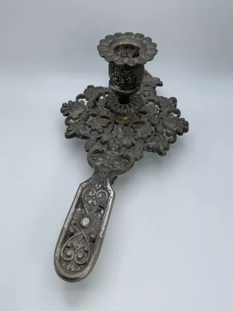 Ornate Metal Art Nouveau Chamberstick, Handled Candle Holder Hearts Woman Floral