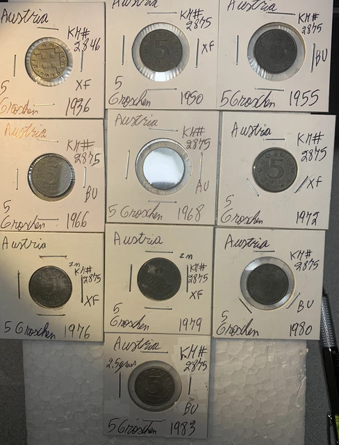 Austria 1936 - 1983 Five 5 Groschen 10 Coin Lot XF to BU Condition Coins