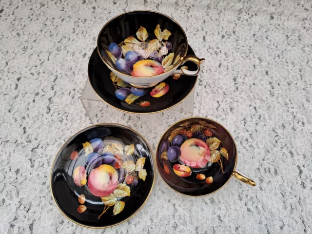 Aynsley  Hand painted Autumn fruits on black ground cups and saucers