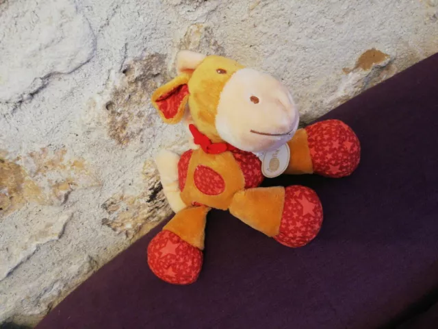 Doudou peluche Babynat Cheval Poney Âne Hochet Orange Rouge beige Étoile