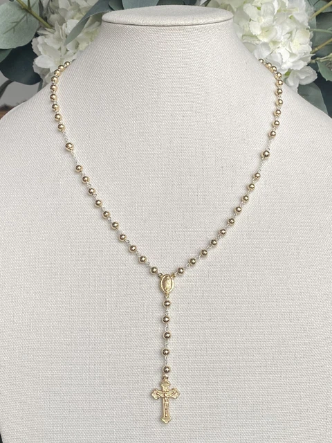 Silver 925 rosary necklace 10k gold laminated 22 inches, 12.5 Grams