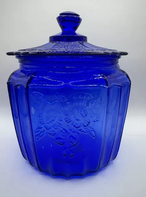 Mayfair Open Rose Cobalt Blue Glass Bisquit Jar with Lid Depression Style