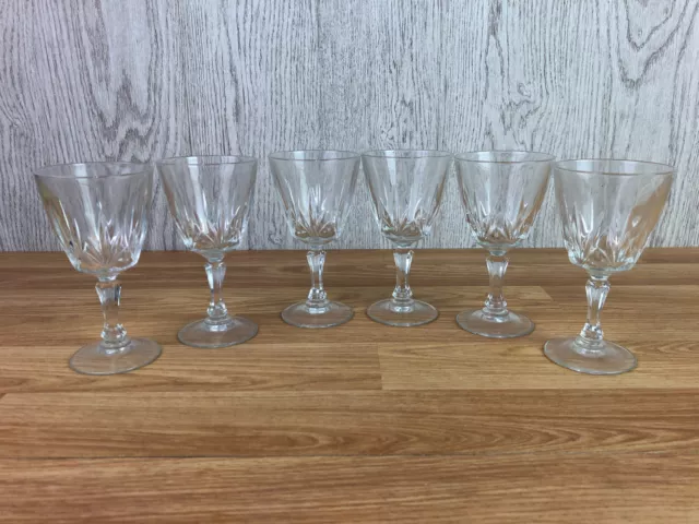 Bundle 6 x Small Crystal Cut Glass Wine Glasses Made In France Leaf Cut Pattern