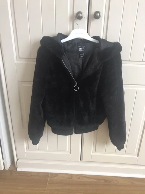 Girls New Look Black Fluffy Furry Bomber Jacket age 10-11 years