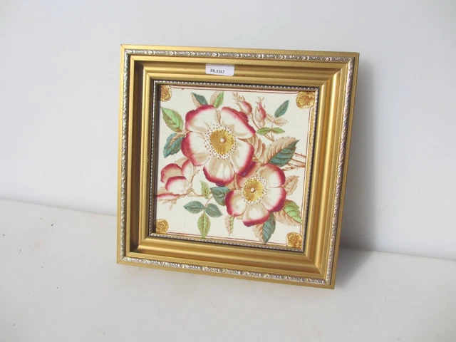 Vintage Ceramic Tile Art Nouveau Floral Flowers Roses Leaf Gilt Frame 3