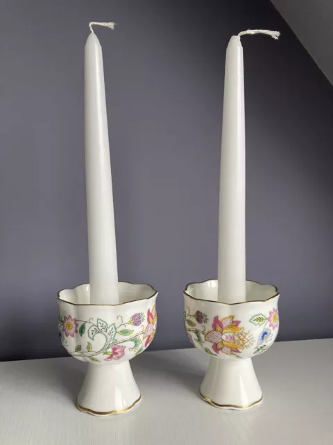 Minton Haddon Hall, Pair of Candlestick Holders, Fluted, Gold Rim