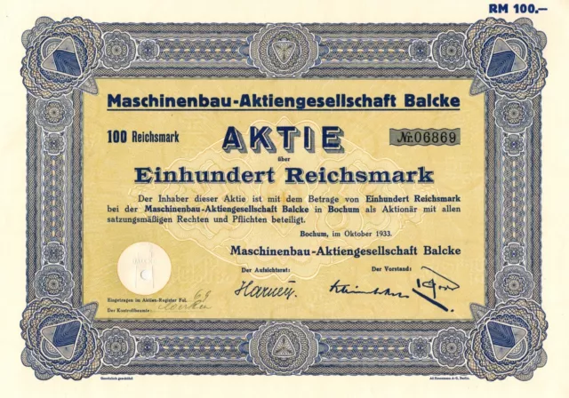 Maschinenbau - Aktiengesellschaft - Balcke - Bochum 1933 - Aktie - 100 RM -