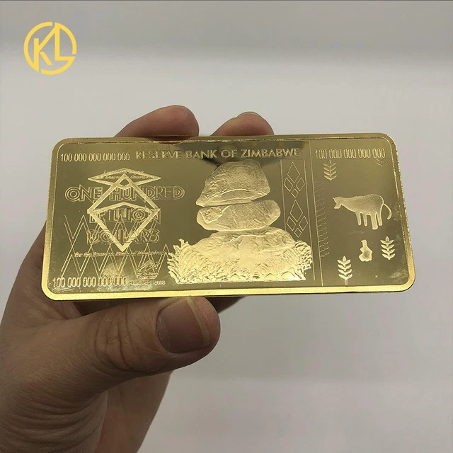 10pcs Big size 95*45mm Zimbabwe 100 Trillion Dollars bullion Gold plated Bar