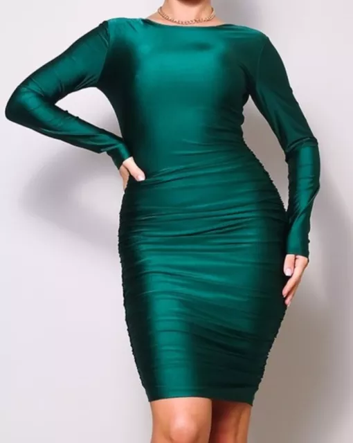 New Ruched Bodycon Midi Dress Size Large Green