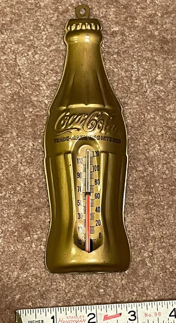 1940’s Small Coca-Cola GOLD BOTTLE SHAPED Die Cut Tin LITHO THERMOMETER  MINT