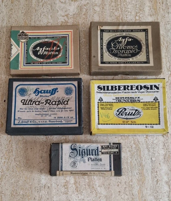 5 Stück Fotoplatten Schachtel/Werbung 4 x Leer, 1x mit Platten, Agfa, Sigund usw