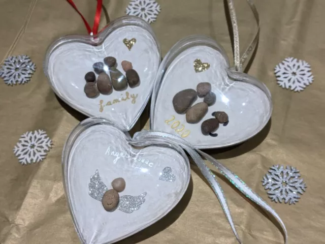 Personalised Christmas pebble heart bauble tree decoration family 2021 Xmas Gift