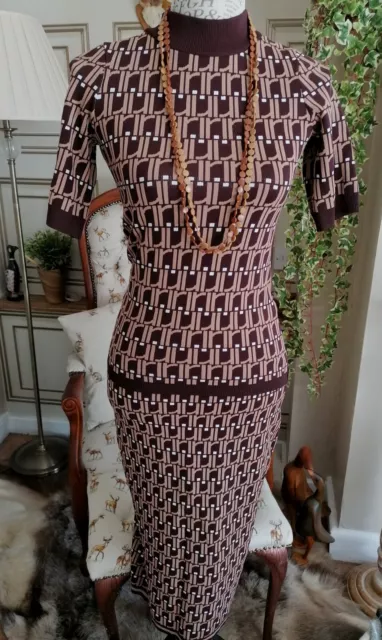 RIVER ISLAND 2 Piece Brown And Beige MONOGRAM Polo Top And Skirt Set Size 10 £9!