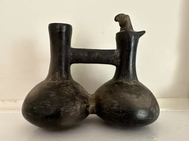 Pre-Columbian Chimu Blackware Pottery Figural Whistling Water Jug Vessel