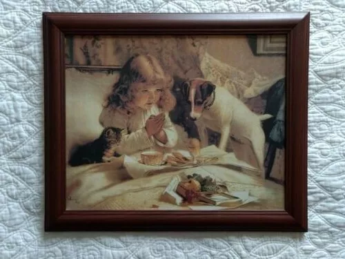 Framed Canvas Print Victorian Style-Girl Saying Prayer, Dog, Kitten - 24" x 20"