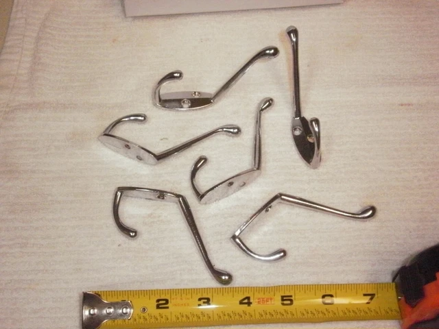 Lot of 6 Shiny Silver Colored Metal Coat Hat Hooks Dual Hook 2 Prong New Unused