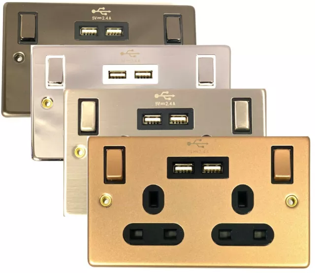 Double Wall UK Plug Socket 2 Gang 13A with 2 USB Charger Port Outlet Plate Gold
