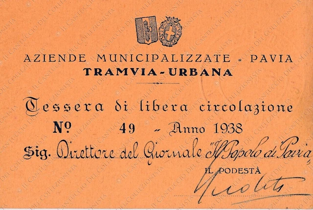 1938 Aziende Municipalizzate Pavia Tramvia Urbana Tram tessera circolazione