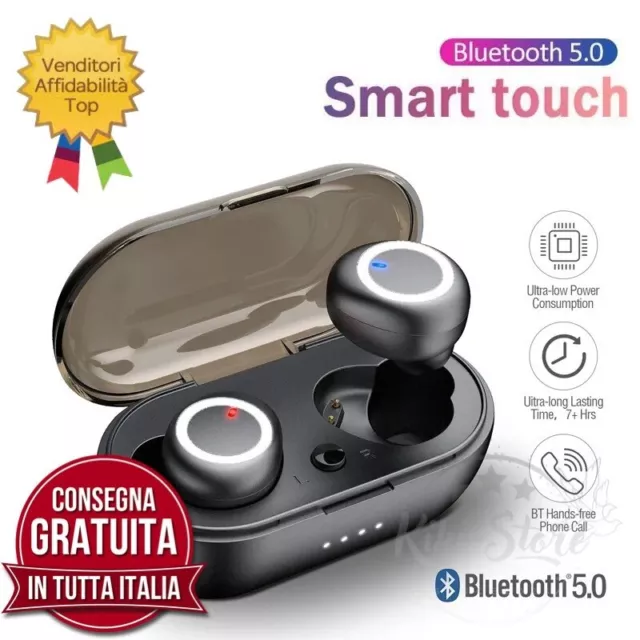 Cuffie Bluetooth Auricolari 5.0 Wireless Tws Con Extra Bassi Profondi Nero Sport