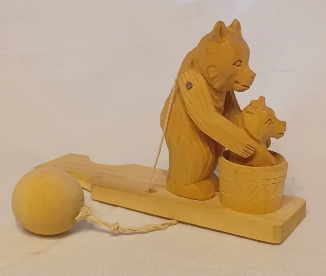 Hand Carved Wooden Bear Baby Bear in Barrel Moves pull string Russian Folk Art